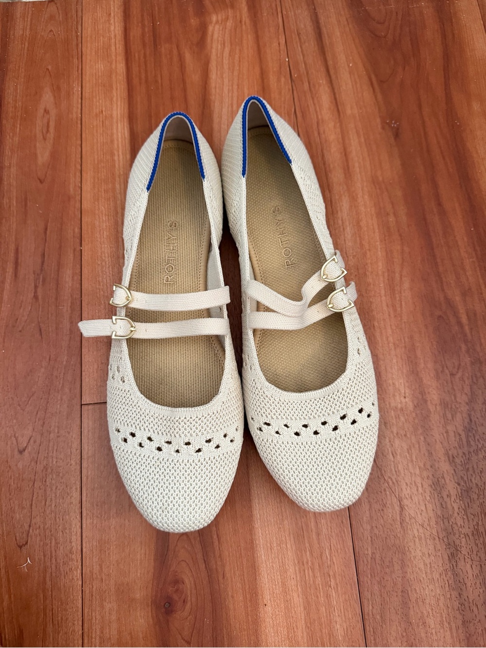 Rothy's Double-Strap Mary Jane Flats in Cream with Blue Trim